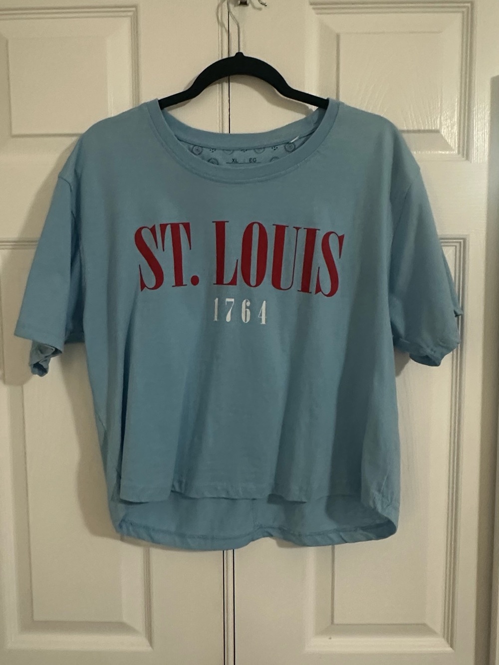 Cropped Light Blue Graphic Tee with Red ST. LOUIS Print
